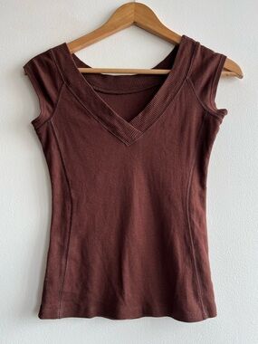 Y2K Vintage Kavio Brown V-Neck Cap Sleeve Cotton Tee Womens Size Small